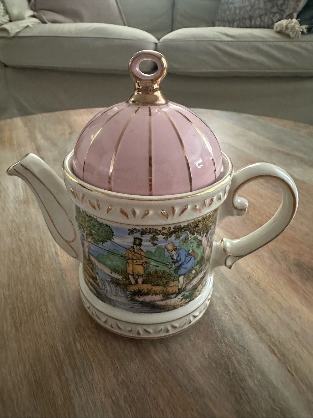 Sadler Vintage Sporting Scenes Fishing Teapot Pink & Gold Staffordshire